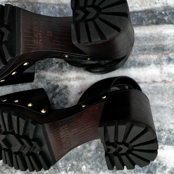 ZARA Anklestrap Wooden Clogs Black LEATHER SANDALS with Studs Size 38 - Picture 9 of 11